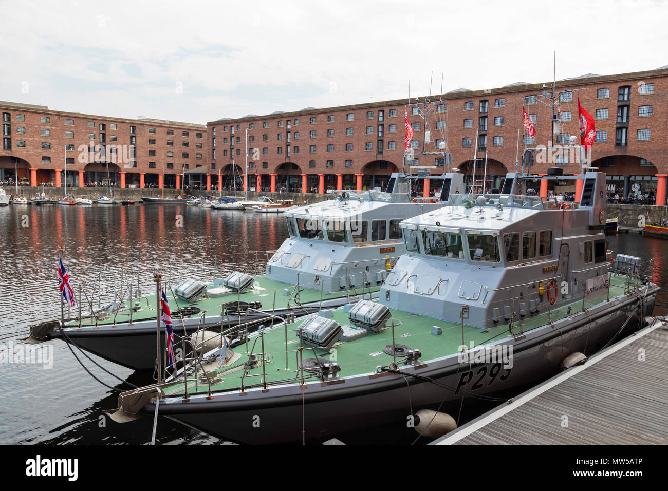 HMS Ranger (foreground) and HMS Smiter (background) Archer class patrol vessels in the Royal Navy visiting the Albert Dock Liverpool for the Tall Ship Stock Photo