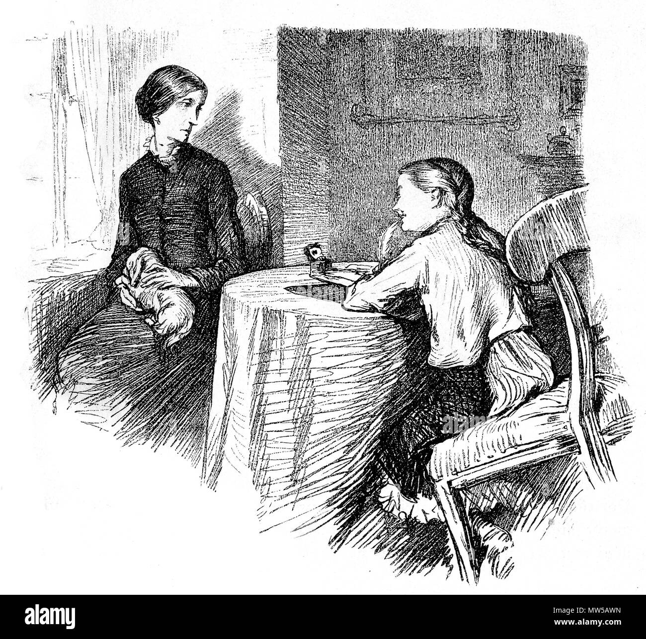 The impolite young girl mocks the spinster governess, who feels bad for that, old caricature, Stock Photo