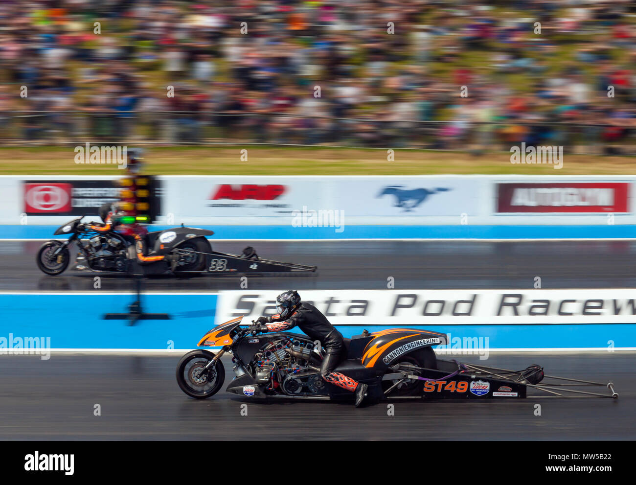 Supertwin bike drag racing at Santa Pod. Neil Midgley nearside V Gert Jan Lasear far side. Stock Photo