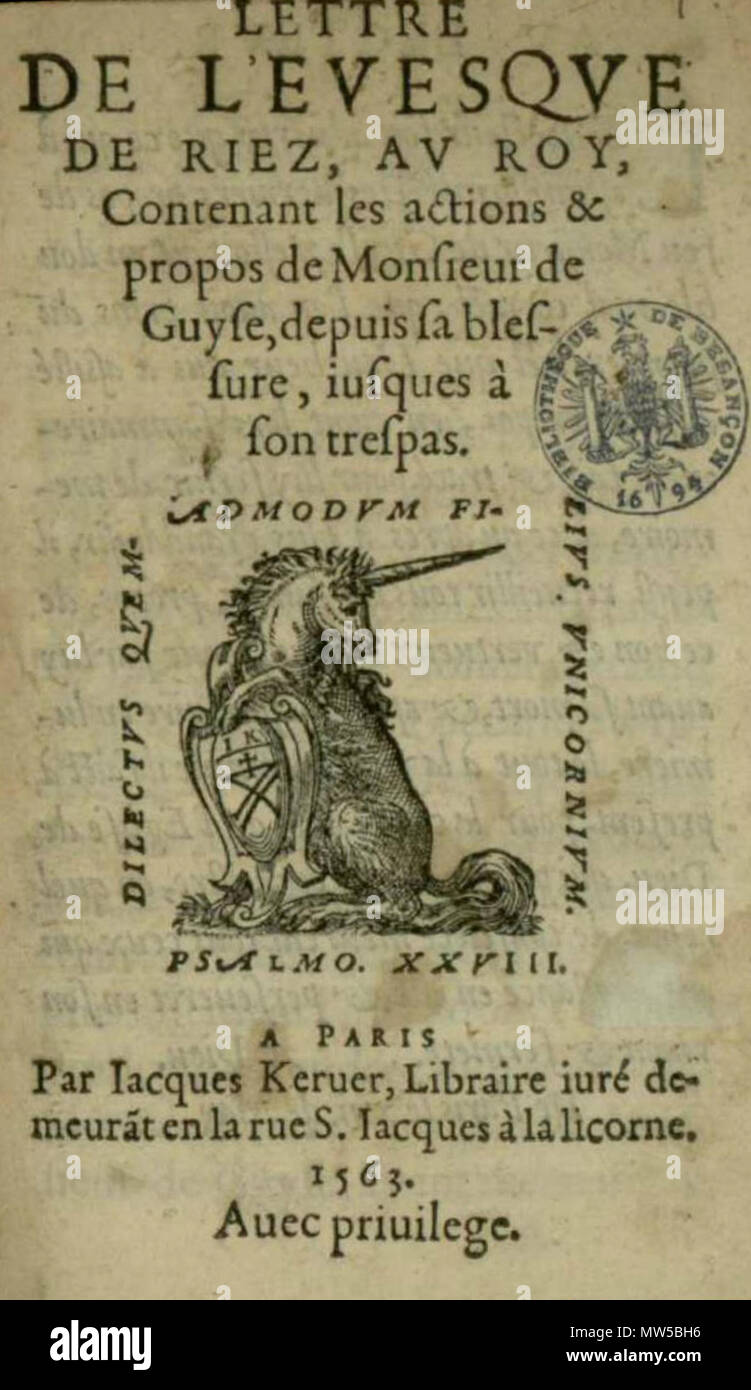 . Français : Title page of Carle's Lettres de l'evesque d Riez (Paris, M. de Vascosan, 1563). 25 October 2015, 18:14:21. Michel de Vascosan, printer (Paris) 358 LancelotCarle 1563 Stock Photo