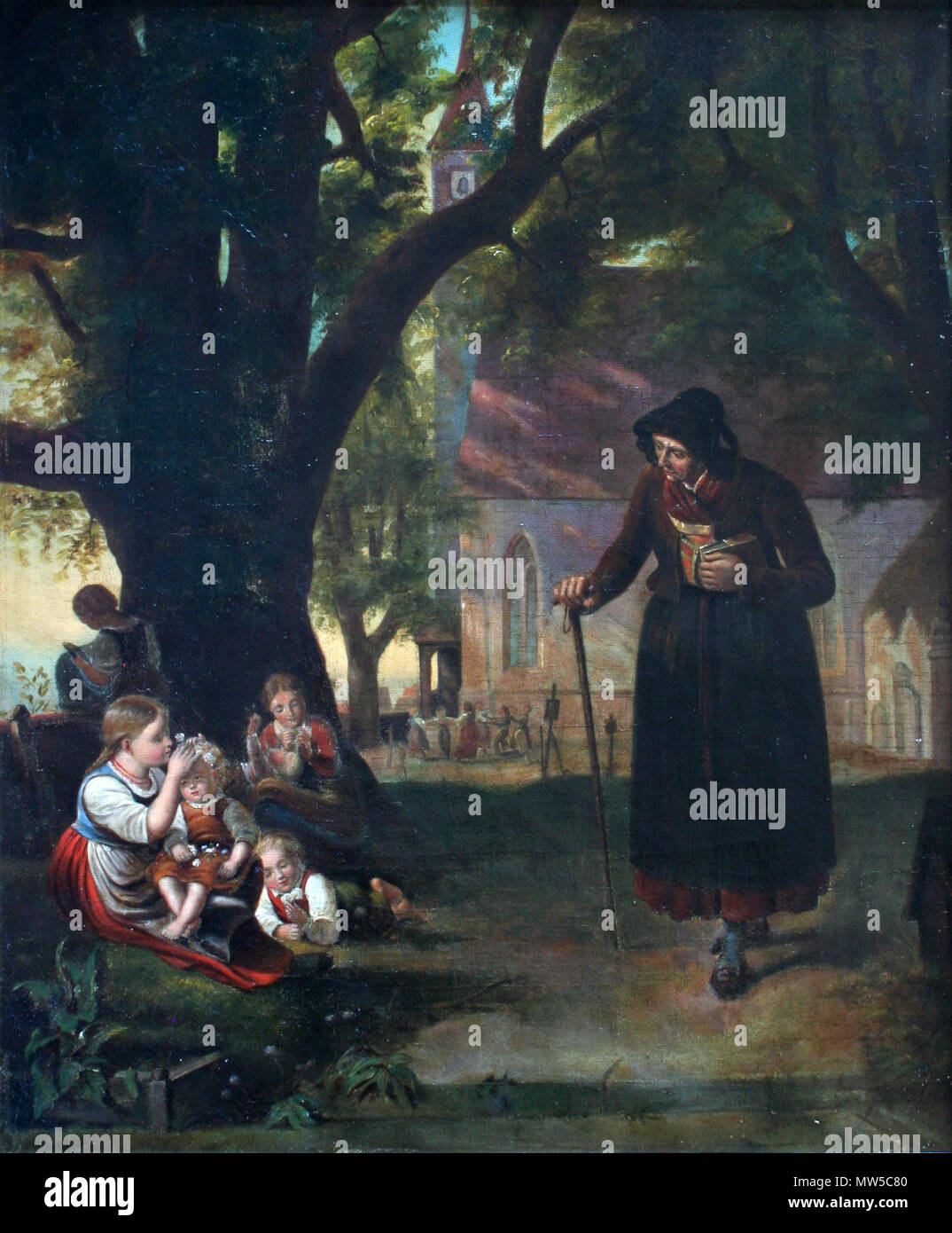 . English: An dour old woman clutching a Bible gazes at some happy children. In the background children play among grave markers in a churchyard. 19th century. Unknown 658 Youth and Old Age Meet Near a Church Stock Photo