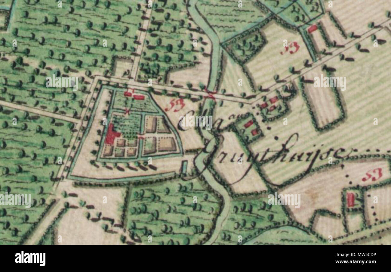 . English: Gruuthusekasteel, Belgium ;  detail from Ferraris Map . between 1771 and 1778. Joseph de Ferraris (died 1 april 1814) 255 Gruuthusekasteel op ferrariskaart Stock Photo