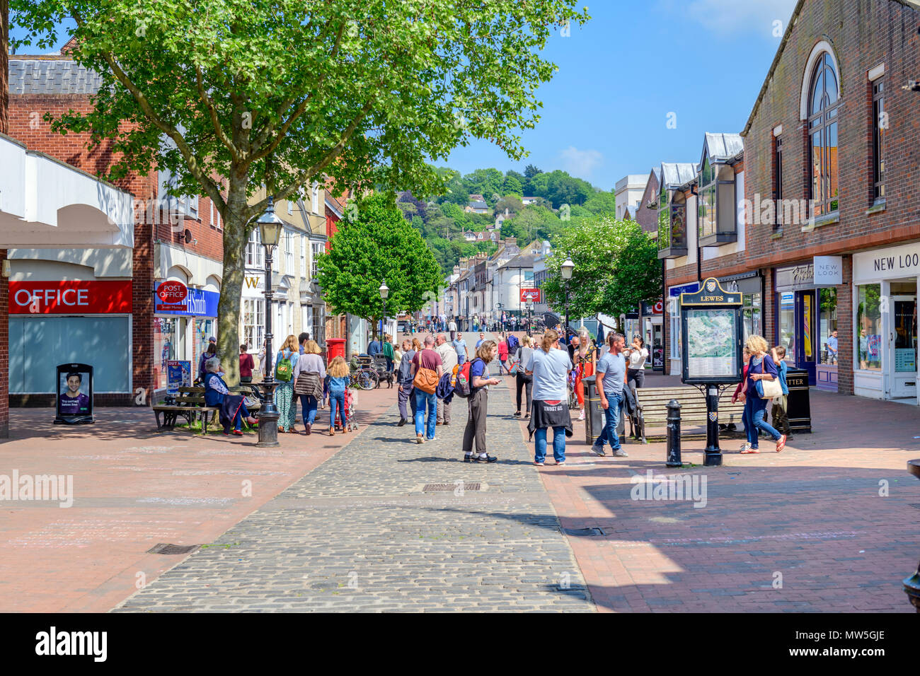 The high street Lewes, a pedestrianised shopping street Stock Photo