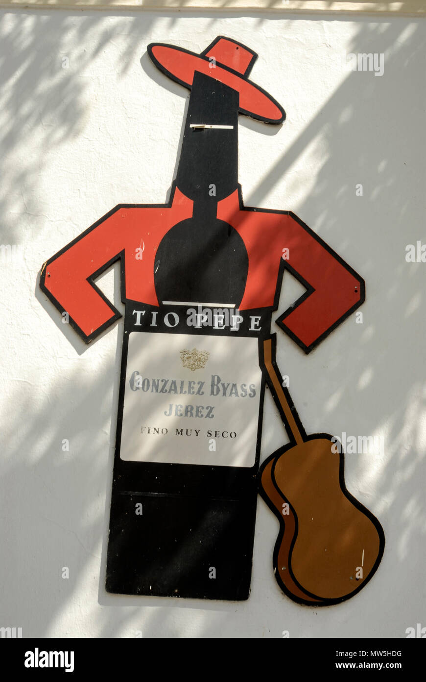 The well-known Tio Pepe Sherry brand logo on a wall at the Gonzalez Byass winery in Jerez de la Frontera, Andalusia in southern Spain Stock Photo