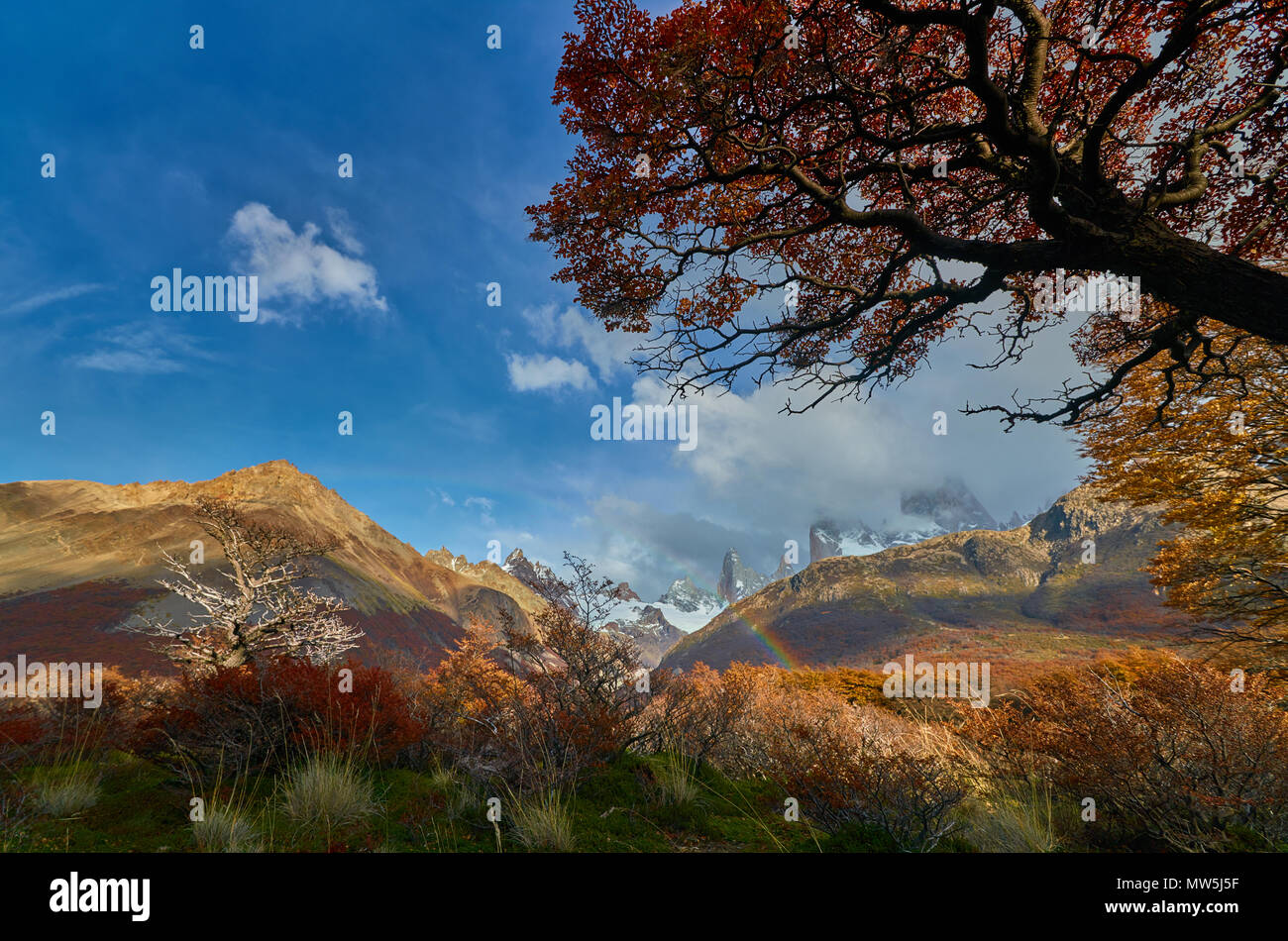 Mountains and a rainbow in the national park Los Glaciares. Argentine ...