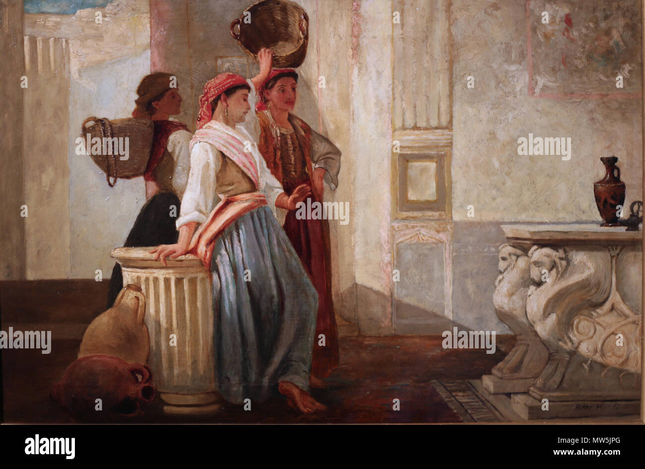 . English: Painting by Henry Woods (1846-1921) of three women contemplating classical art. It evokes the atmosphere of an ancient Roman city. Woods based this painting on women that he saw during his many years of living in Italy, and on artifacts excavated from Pompeii. (Private collection) . circa 1880. Henry Woods (1846-1921) 653 Woods Women Contemplating Classical Art Stock Photo