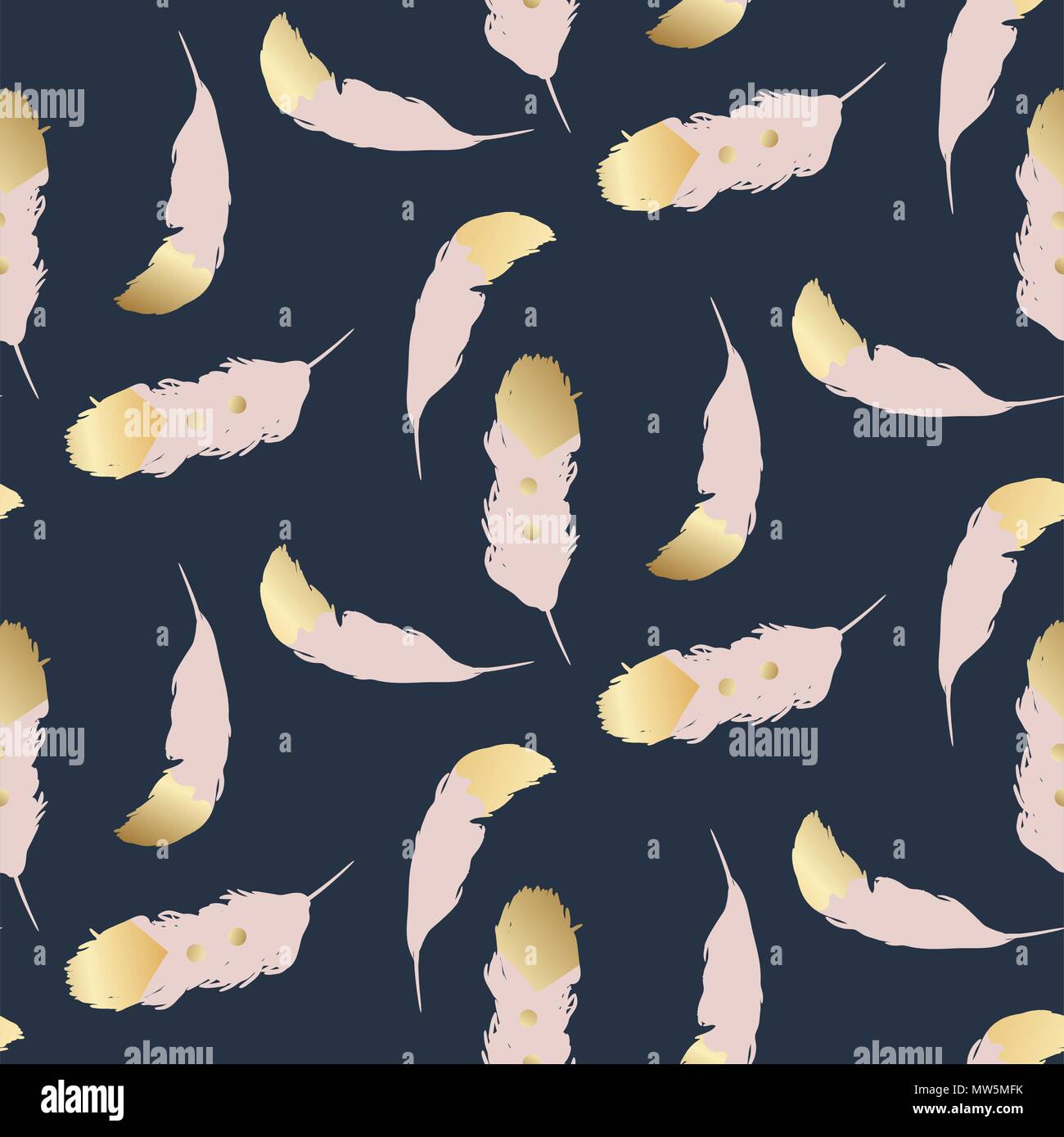 Blush pink feathers with gold endings seamless pattern. Stock Vector