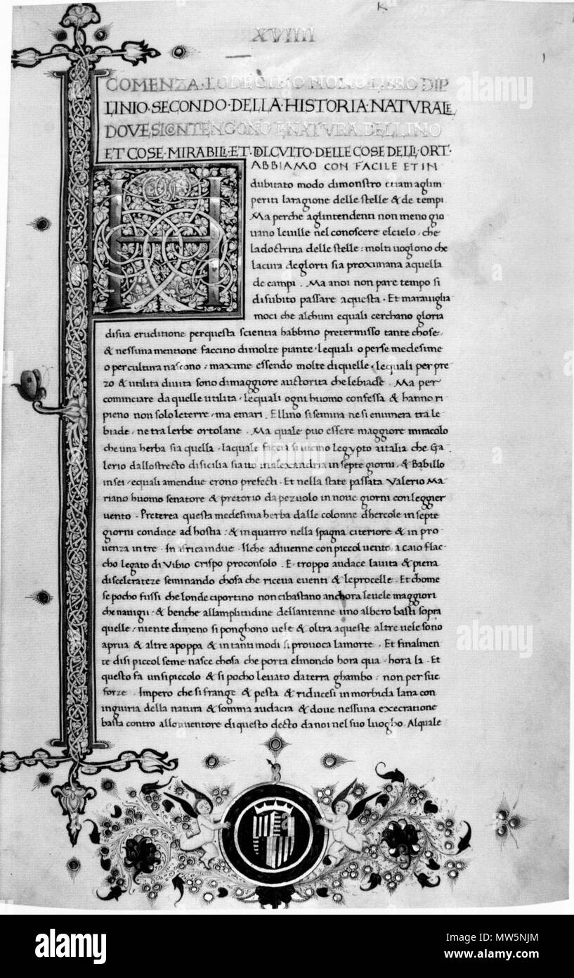 . English: The first page of the 19th book of Pliny’s Natural History in the Italian translation by Cristoforo Landino. Dedication copy for king Ferdinand I of Naples. Manuscript: San Lorenzo de El Escorial, Real Biblioteca del Monasterio, h.I.2, fol. 1r. Deutsch: Der Beginn des 19. Buchs der Naturalis historia des Plinius in der italienischen Übersetzung von Cristoforo Landino. Widmungshandschrift für König Ferdinand I. von Neapel. San Lorenzo de El Escorial, Real Biblioteca del Monasterio, h.I.2, fol. 1r. 15th century. Cristoforo Landino 358 Landino, Plinius, El Escorial, h.I.2 Stock Photo