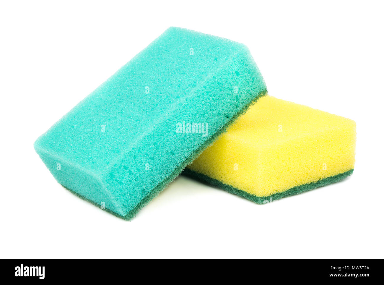 Blue and yellow dish washing sponge on white background Stock Photo Alamy