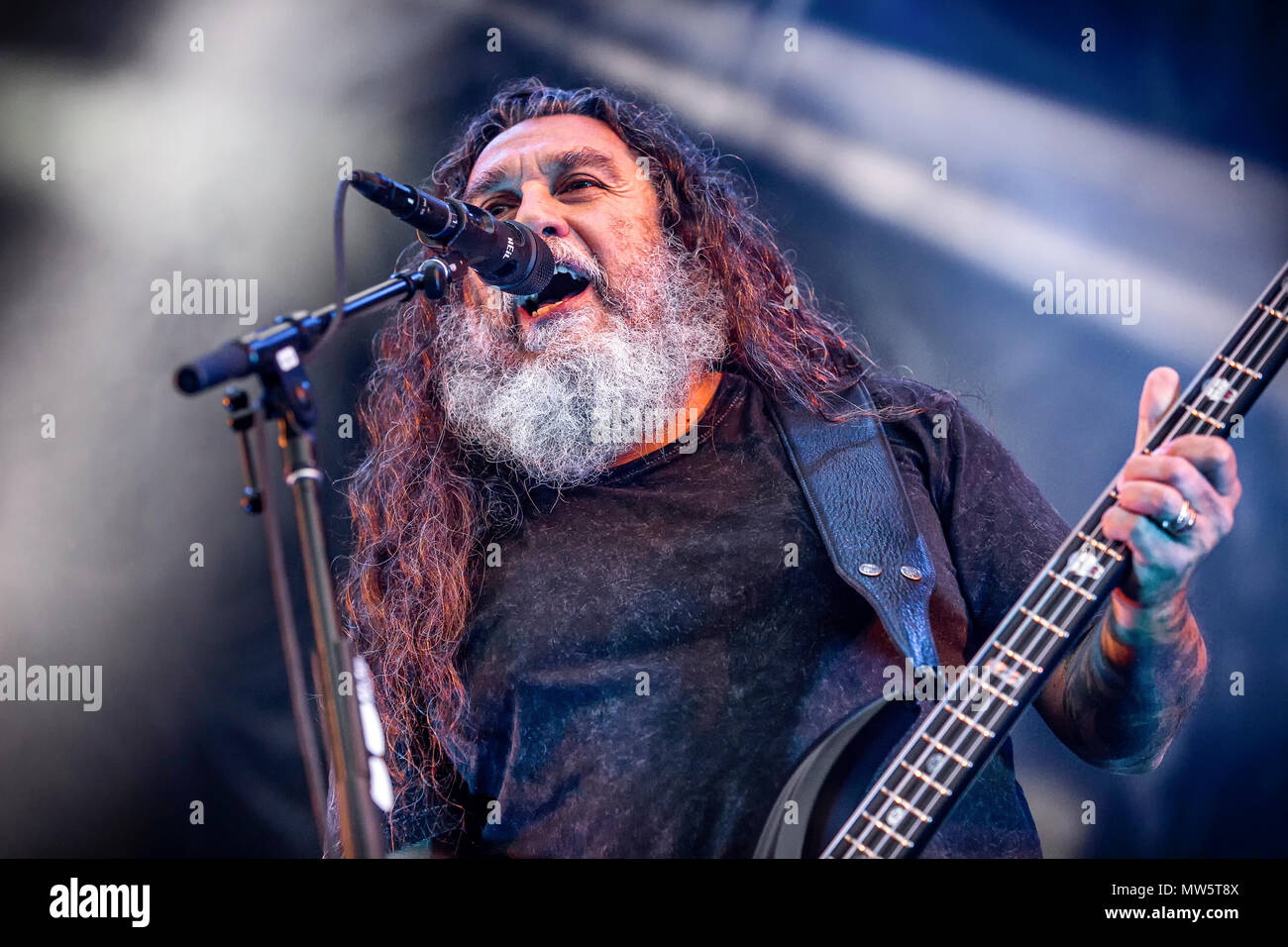 Norway, Halden - June 23, 2017. The American thrash metal band Slayer  performs a live concert during the Norwegian music festival Tons of Rock  2017. Here vocalist and bass player Tom Araya