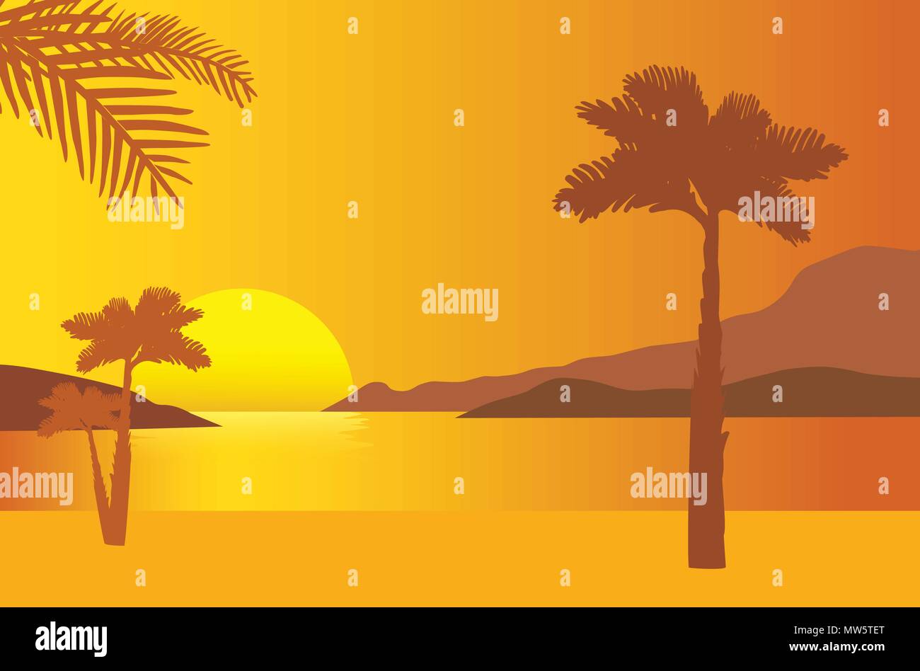 Sandy beach on the sea shore with rising sun and palms under orange morning sky - vector Stock Vector
