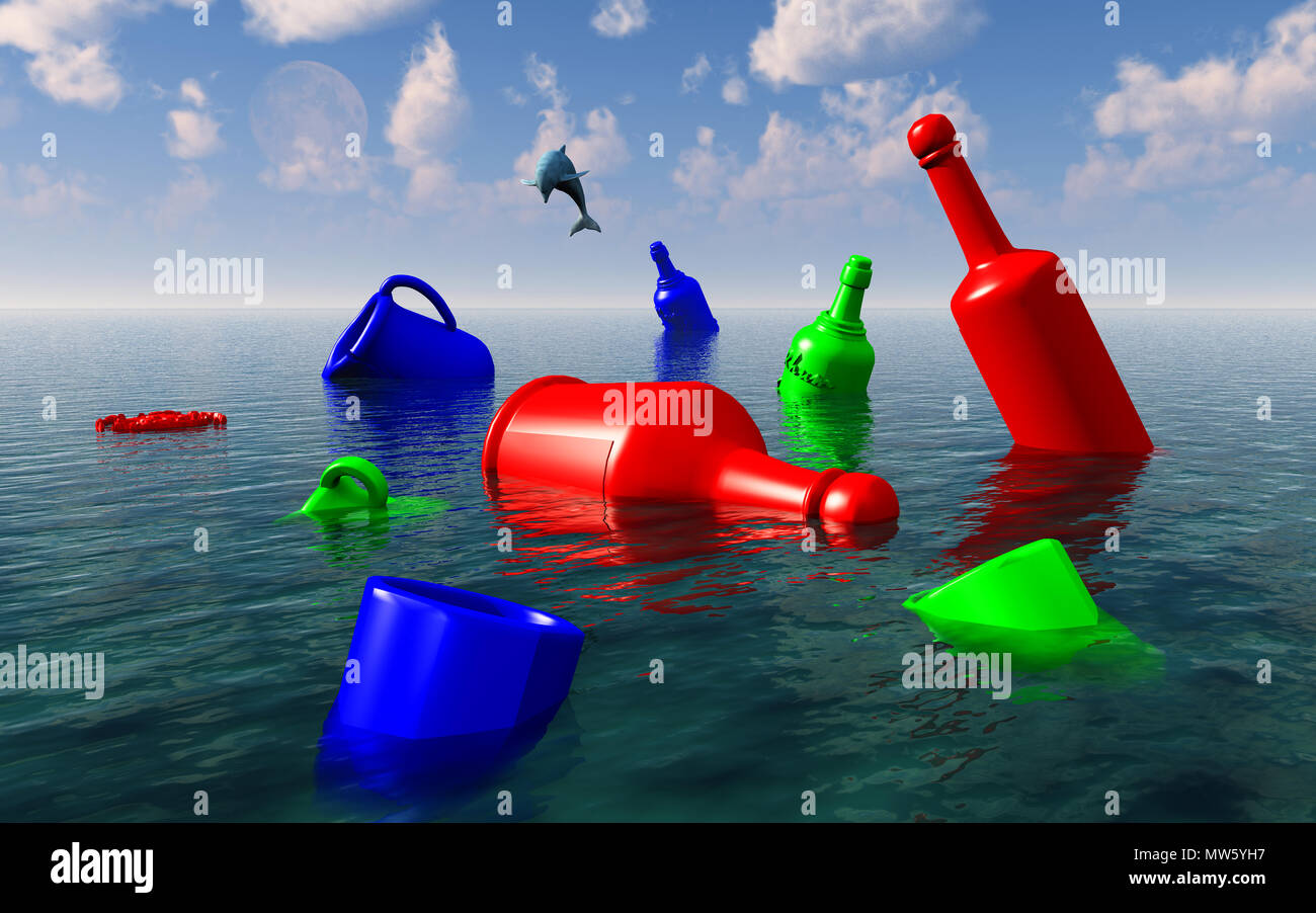 Plastic Objects Polluting Earths Seas & Oceans. Stock Photo