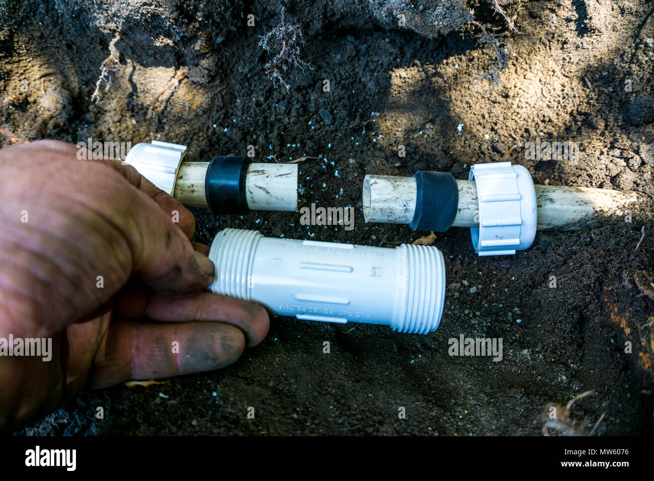 A repair sleeve for PVC pipe on a lawn sprinkler system Stock Photo Alamy