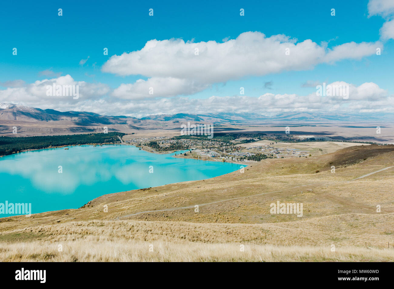Aerial view of Lake Tekapo from Mount John Observatory in Canterbury ...