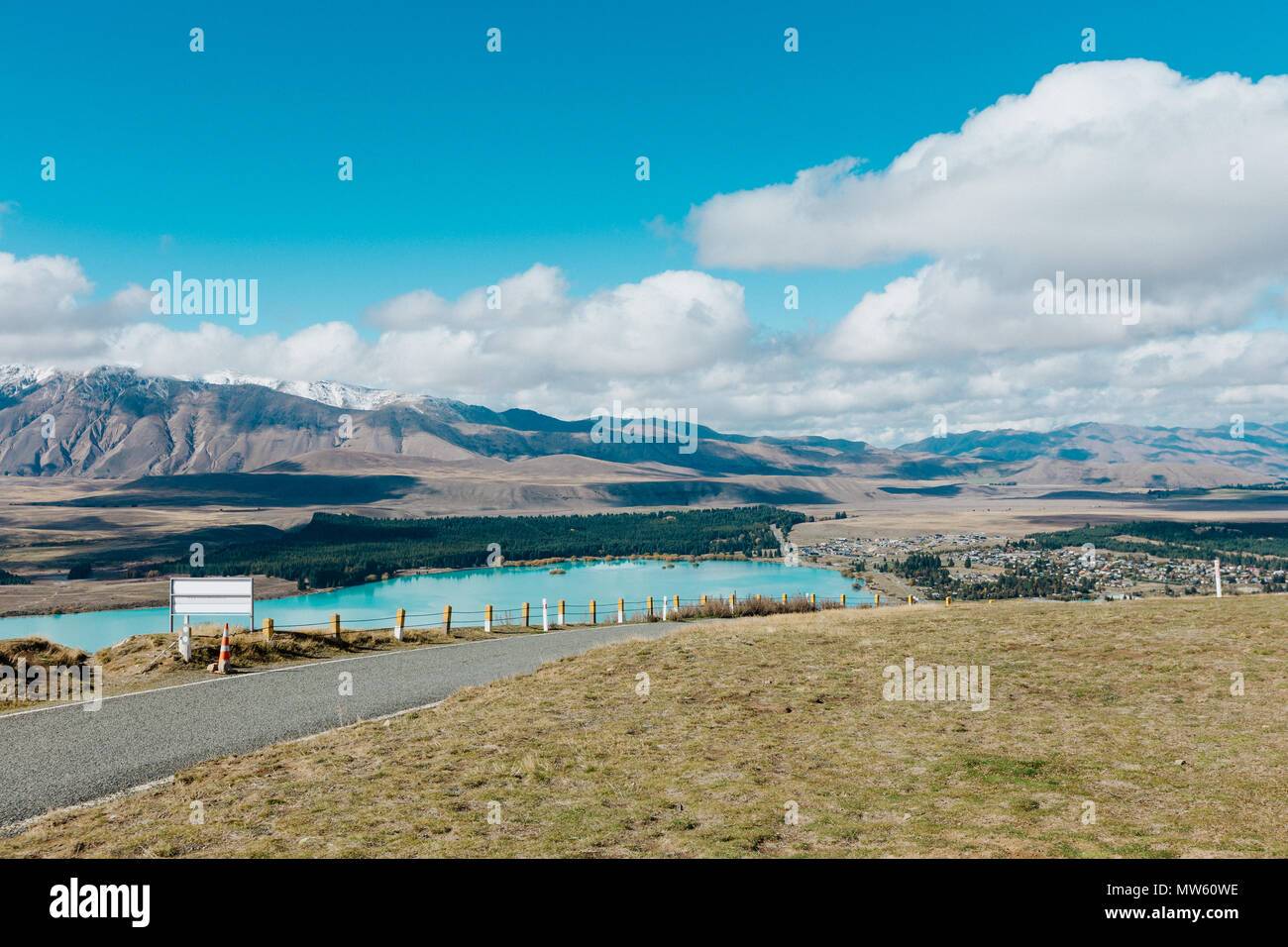 Aerial view of Lake Tekapo from Mount John Observatory in Canterbury, New Zealand Stock Photo
