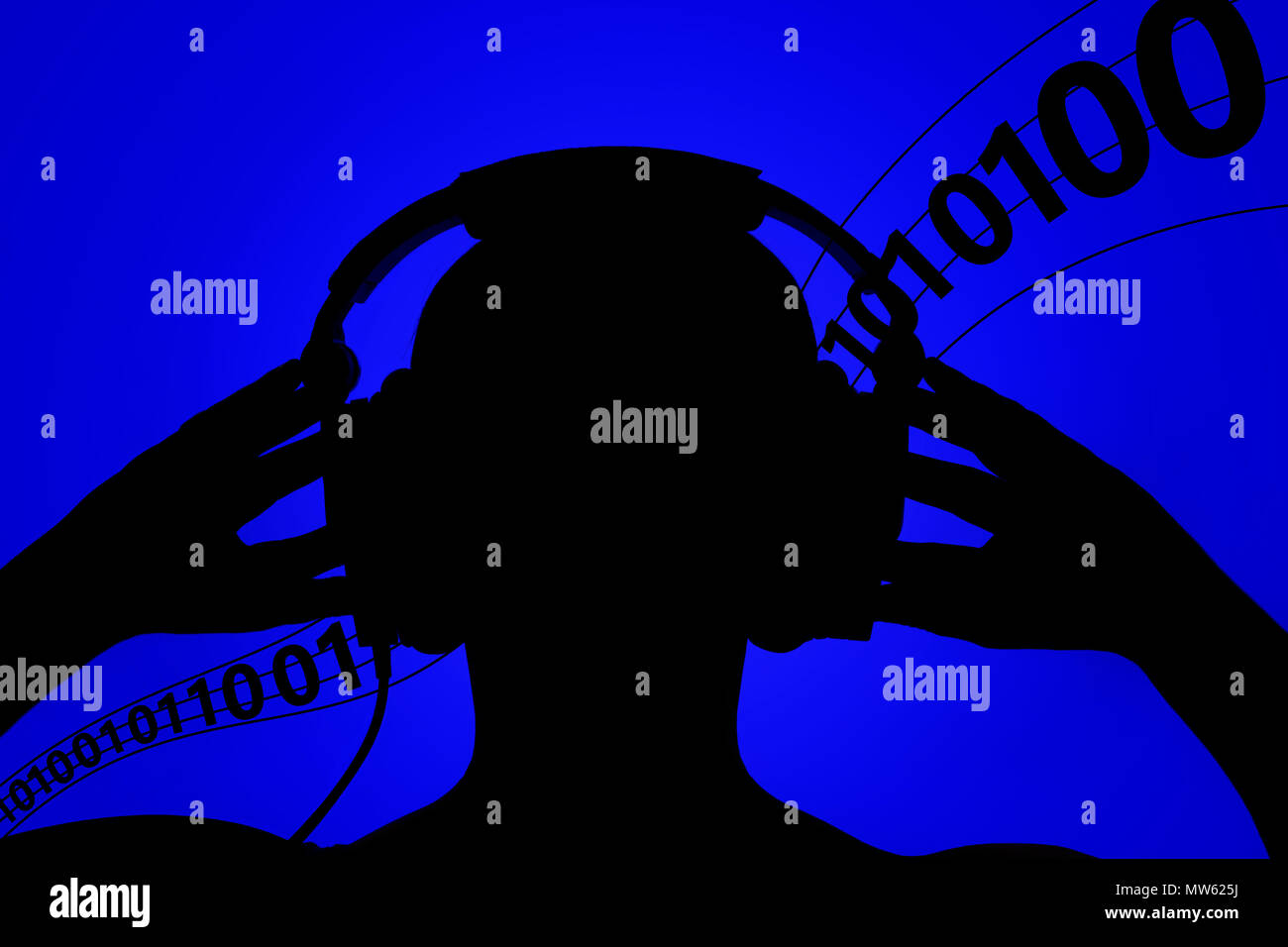 Silhouette of man with headphones on blue background, binary code ...