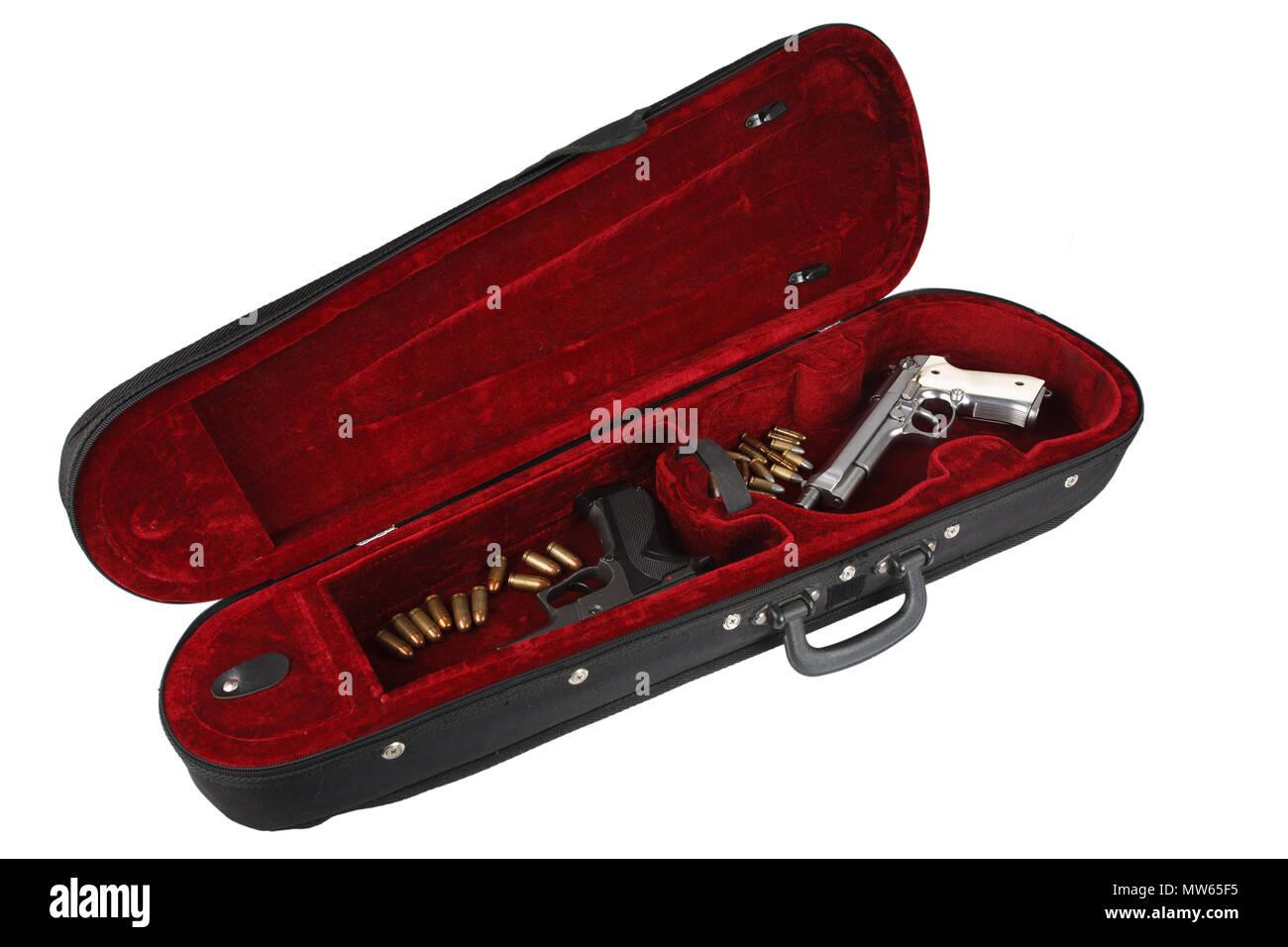 handguns with cartridges in violin case Stock Photo Alamy