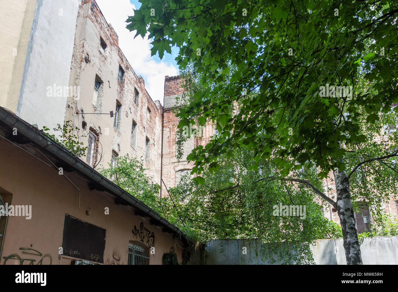 Abandoned derelict courtyard in Lodz, Poland. Stock Photo