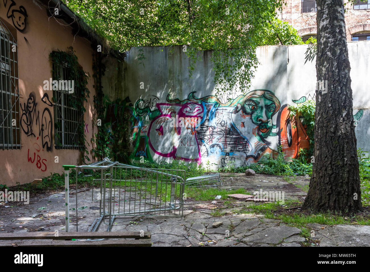 Abandoned shopping trolley in derelict courtyard in Lodz, Poland. Stock Photo