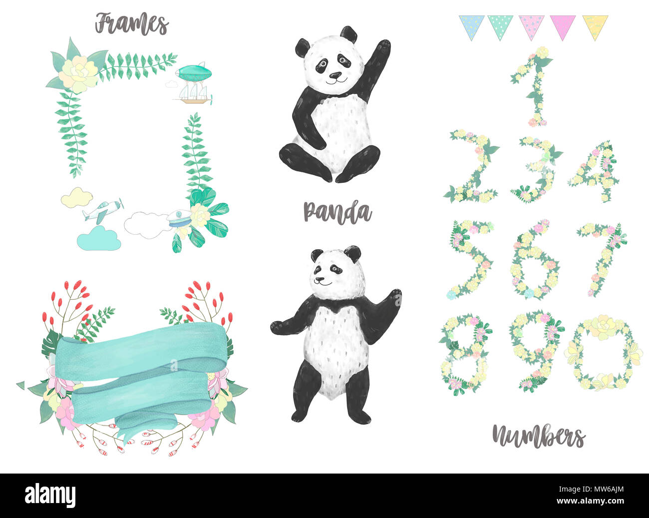 Panda clip art drawing animals for celebration birthday cards set of numbers  pandas and frames on white bakcground Stock Photo - Alamy