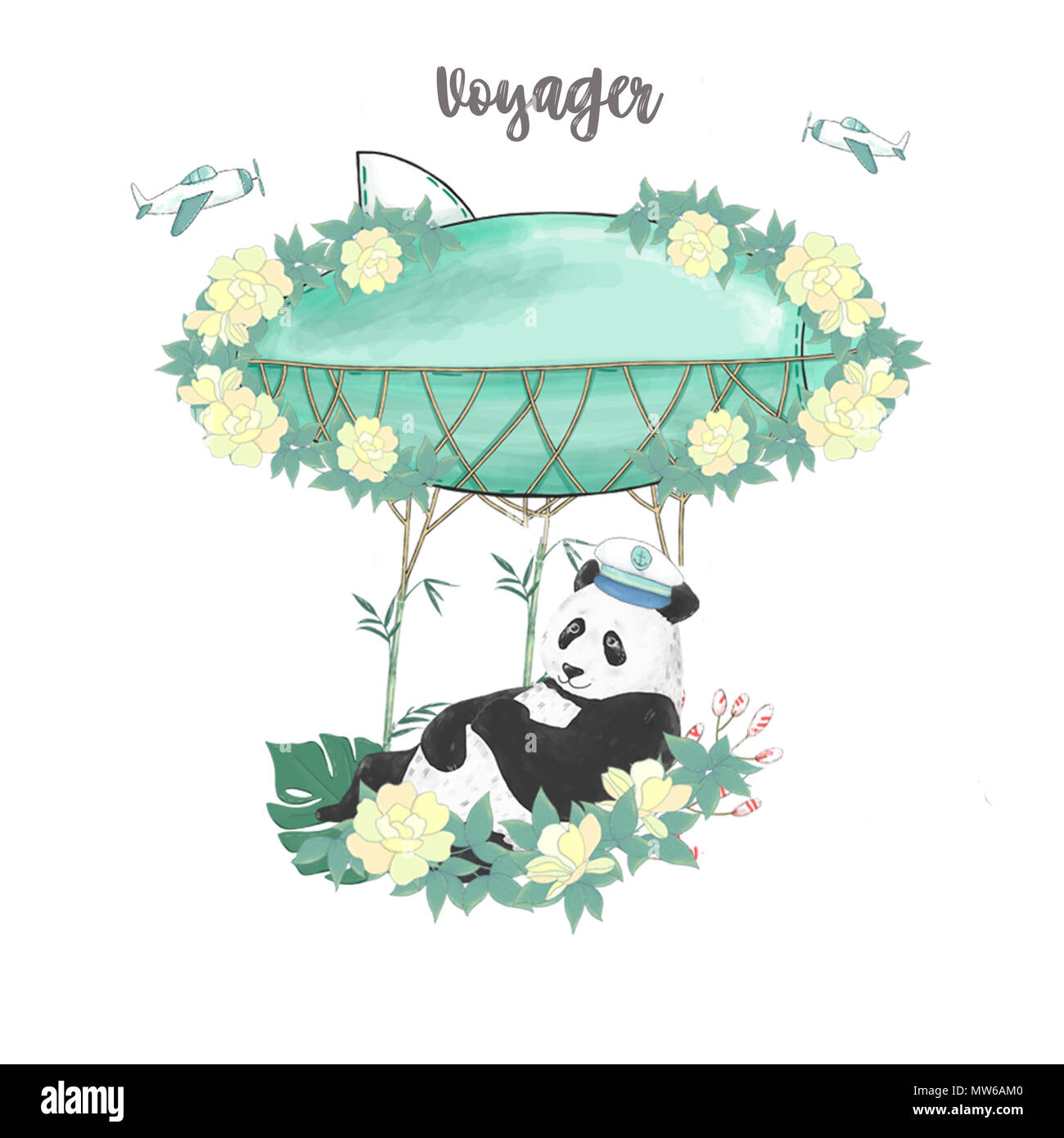Panda and flowers ship clip art drawing animal on white background Stock  Photo - Alamy