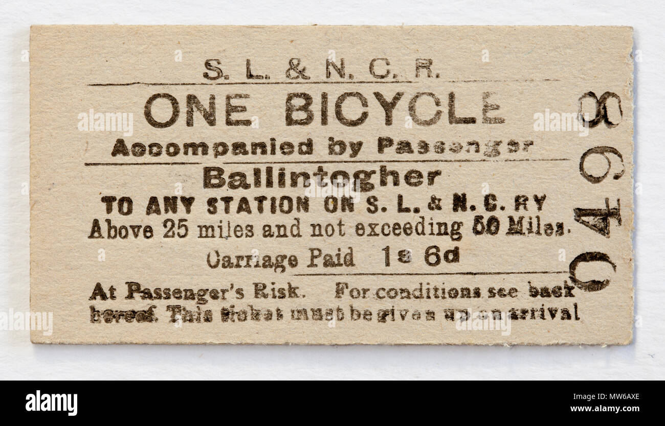 Vintage SL&NCR Railway Train Ticket - One Bicycle Ballintogher Stock Photo