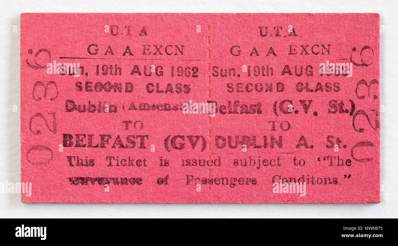 Vintage Irish UTA Railway Train Ticket Belfast to Dublin Stock Photo