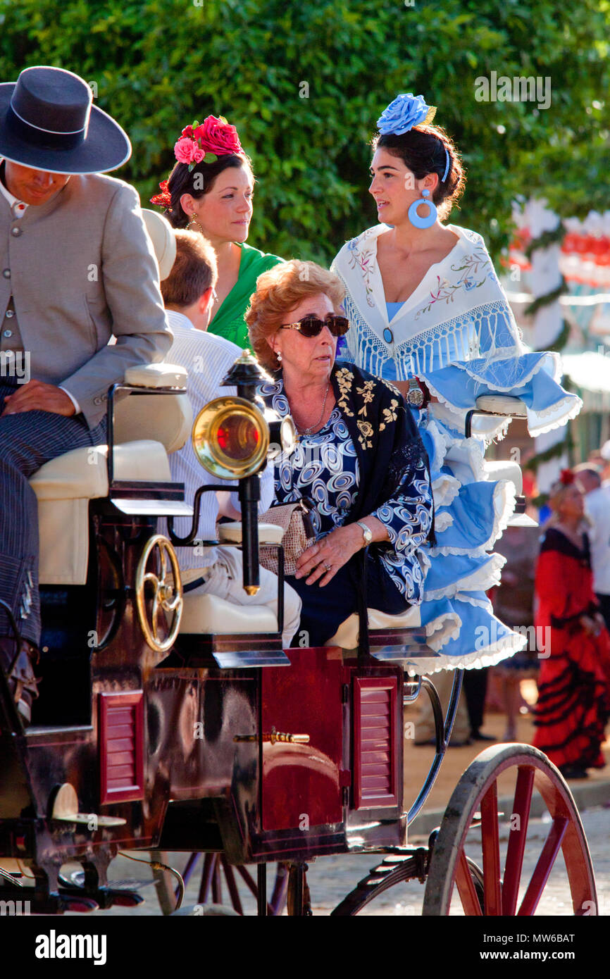 Horse drawn carriage, Feria de abril de Sevilla - The Seville April Fair, Seville, Andalusia, Spain Stock Photo
