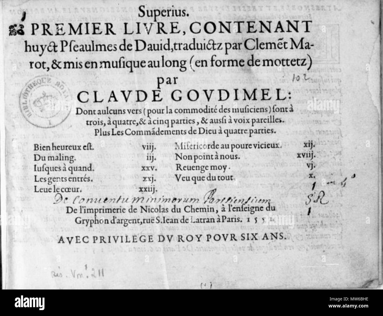 . Français : Tite page of Goudimel's Premier livre de psaumes (Paris, 1551). 1551. Claude Goudimel 250 Goudimel - Psaumes L1 1551 Du Chemin Stock Photo