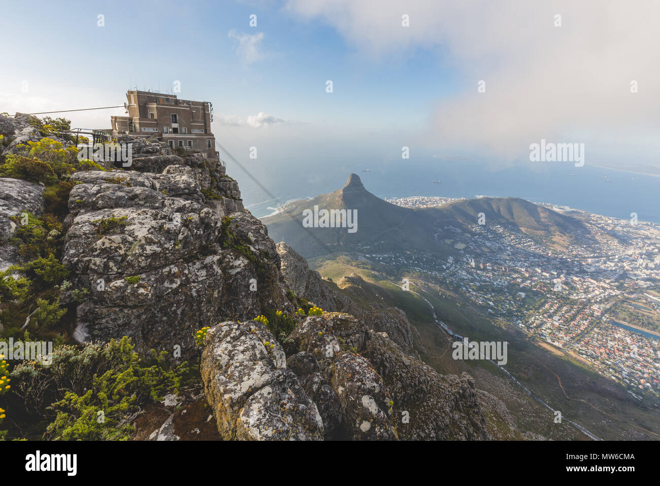 Table Mountain Cable Car and Lion's Head in Cape Town Stock Photo