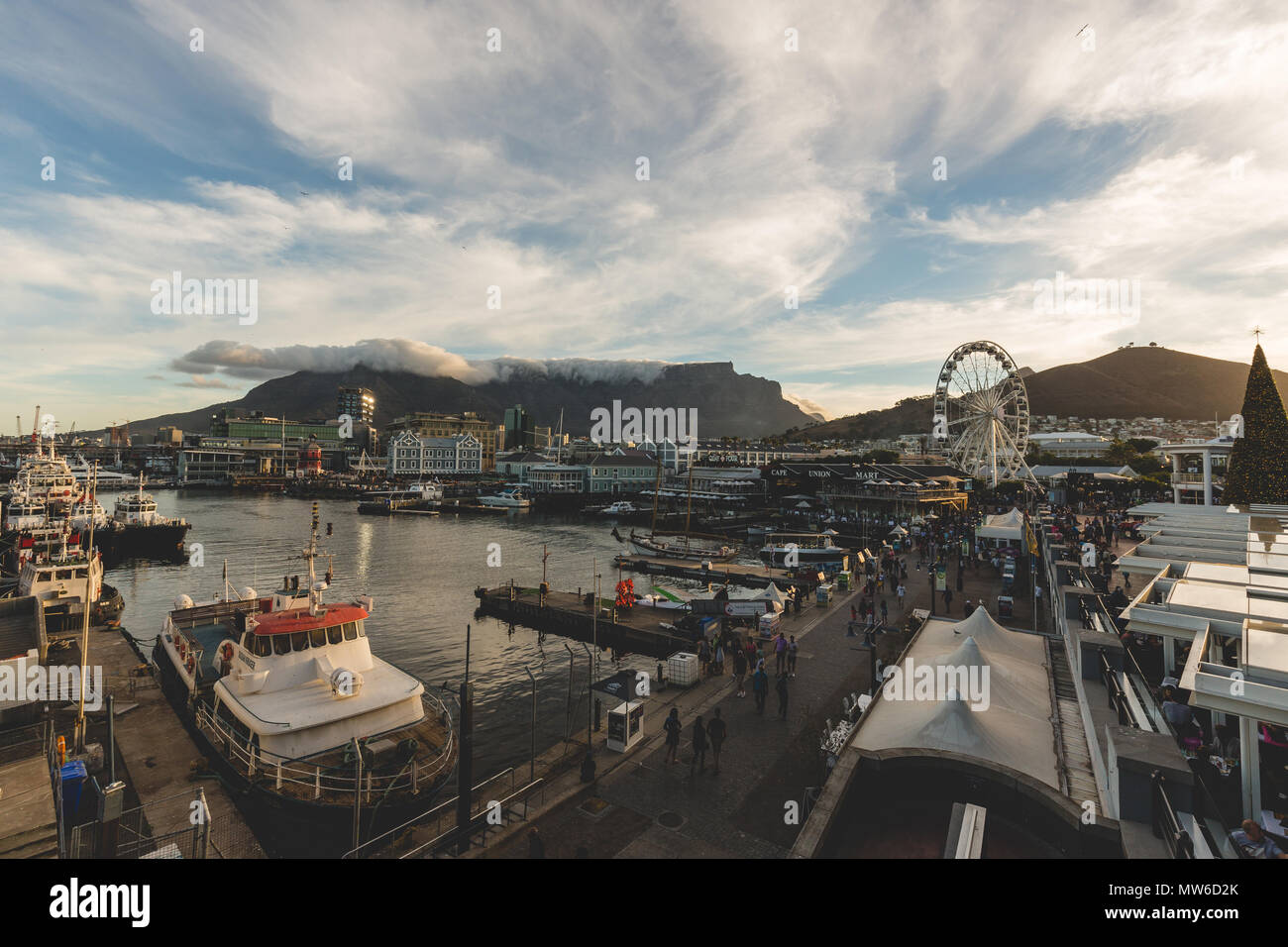 Table Mountain in Cape Town at sunset from V&A Waterfront Stock Photo