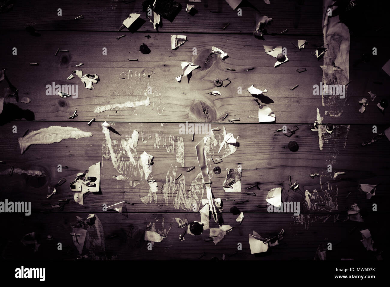 Old vignette notice board with scraps of papers - abstract detail Stock Photo