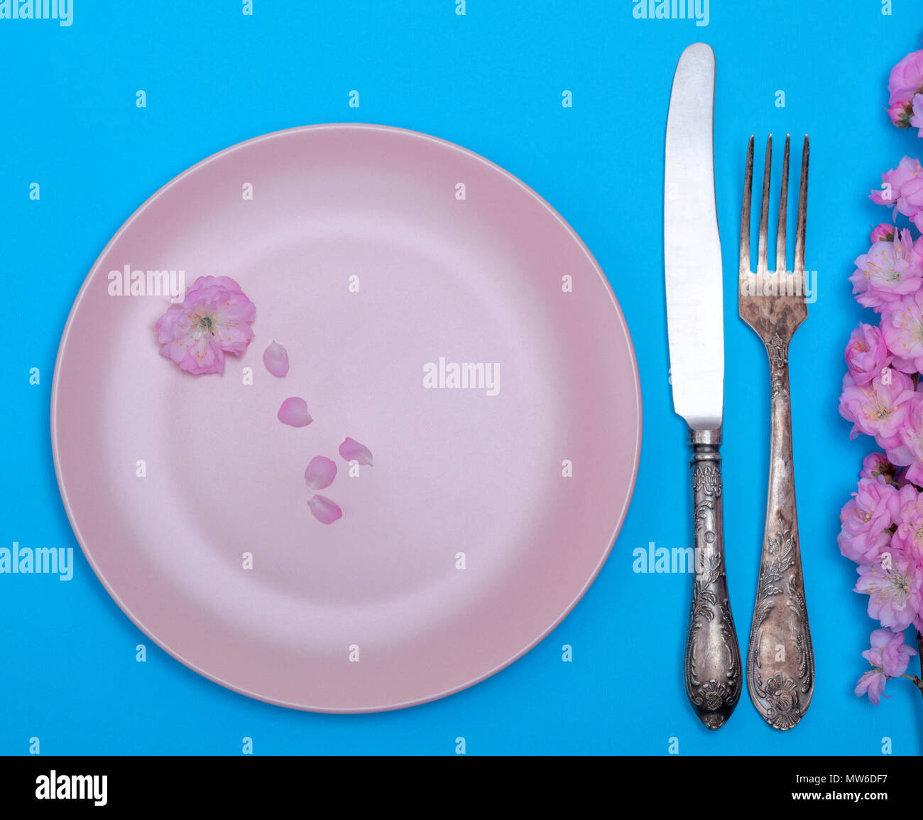 empty round pink ceramic plate and a vintage knife with a fork on a ...