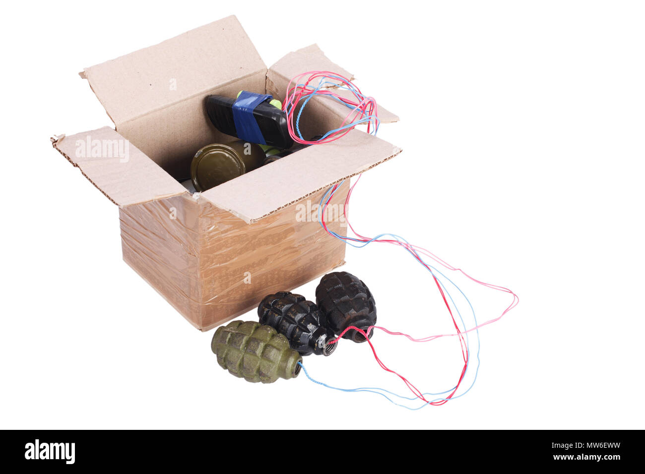 Mailbomb IED - Improvised Explosive Device in mailbox isolated on white Stock Photo