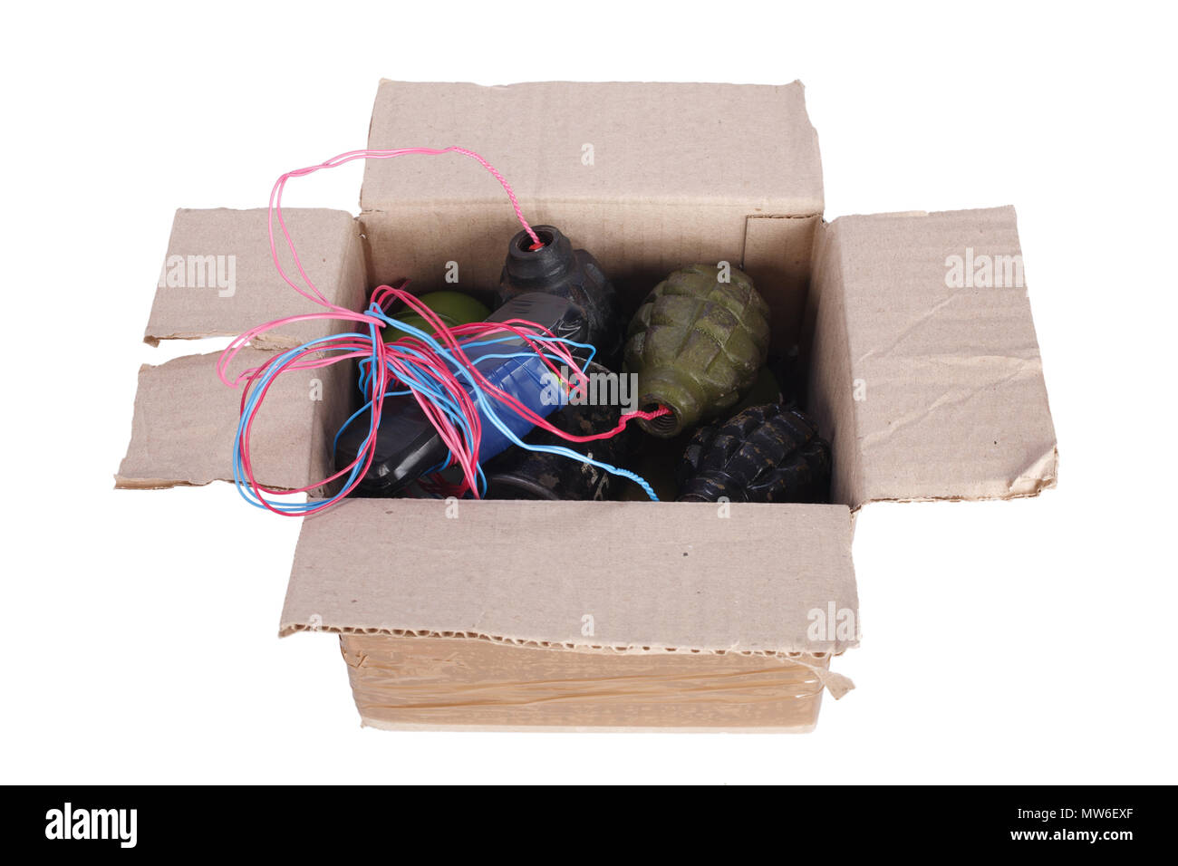 Mailbomb IED - Improvised Explosive Device in mailbox isolated on white ...