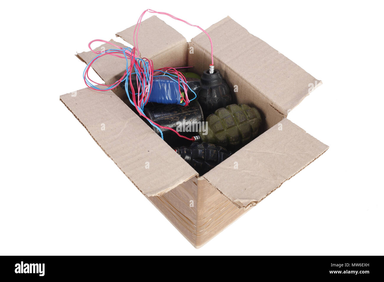 Mailbomb IED - Improvised Explosive Device in mailbox isolated on white Stock Photo