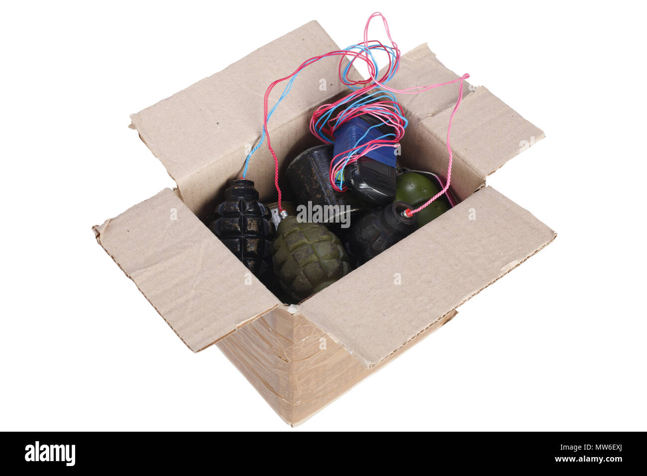 Mailbomb IED - Improvised Explosive Device in mailbox isolated on white Stock Photo