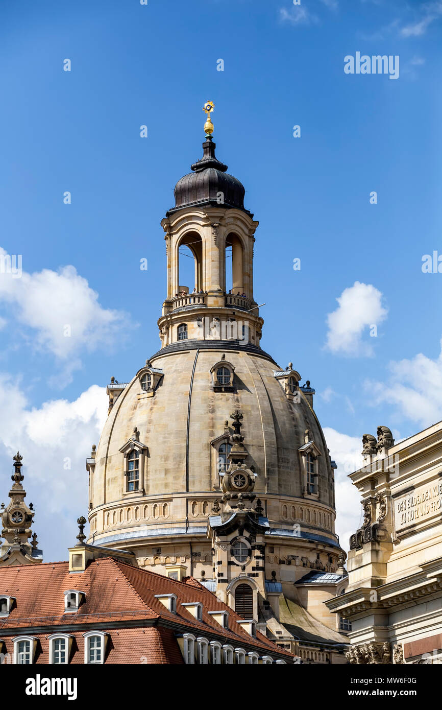 Observation tower on the dome church Frauenkirche in Dresden, Saxony, Germany. Church was destroyed in the firebombing of Dresden during World War II. Stock Photo
