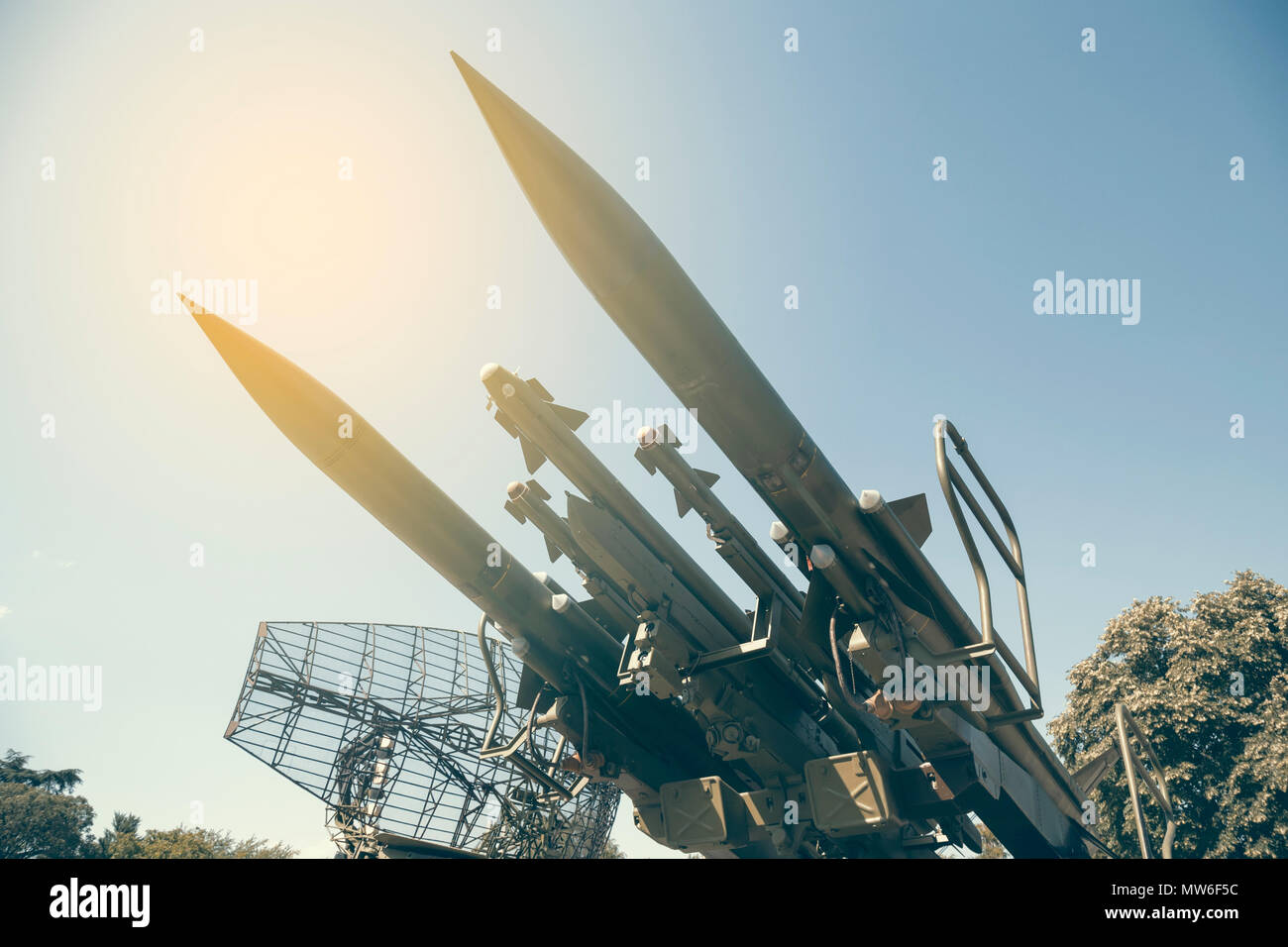 Surface to air missile system on ground launcher, ready to be launched.  Vintage style Stock Photo - Alamy