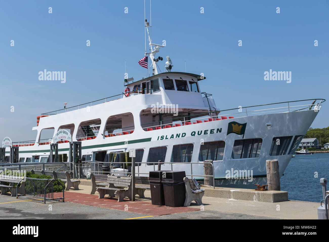 The Island Queen ferry from Martha's Vineyard to Falmouth docked in the harbor in Oak Bluffs, Massachusetts waiting for its next run. Stock Photo