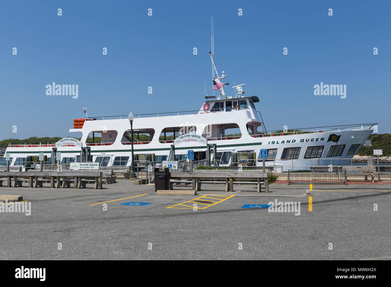 The Island Queen ferry from Martha's Vineyard to Falmouth docked in the harbor in Oak Bluffs, Massachusetts waiting for its next run. Stock Photo