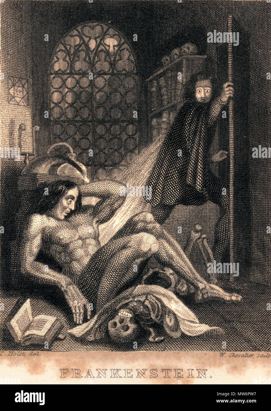 . English: Frontispiece to Mary Shelley, Frankenstein published by Colburn and Bentley, London 1831 Steel engraving in book 93 x 71 mm . 1831. Theodor von Holst 217 Frankenstein engraved Stock Photo