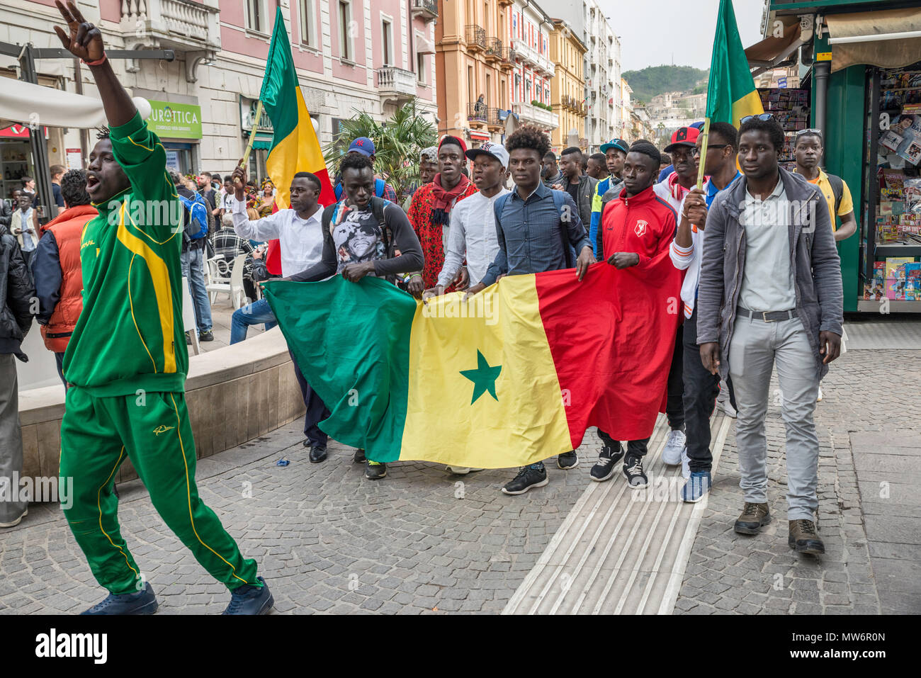 Group of African immigrants from Senegal, on 15 April 2018, at Corso Mazzini in Cosenza, Calabria, Italy Stock Photo
