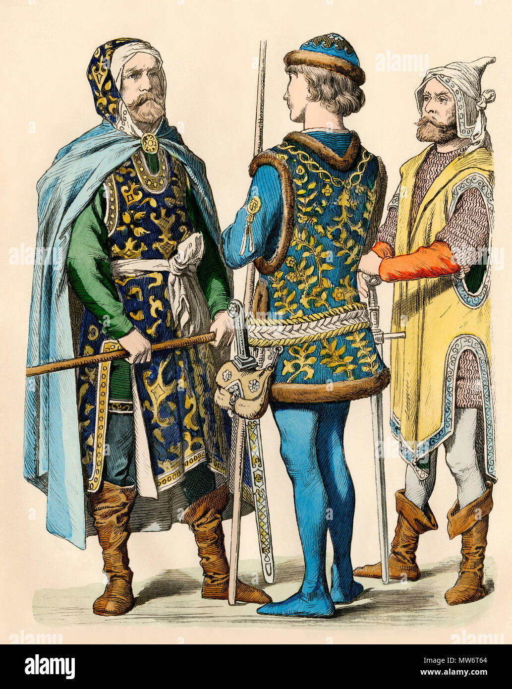 Men from the lower Rhine area, 1400s. Hand-colored print Stock Photo