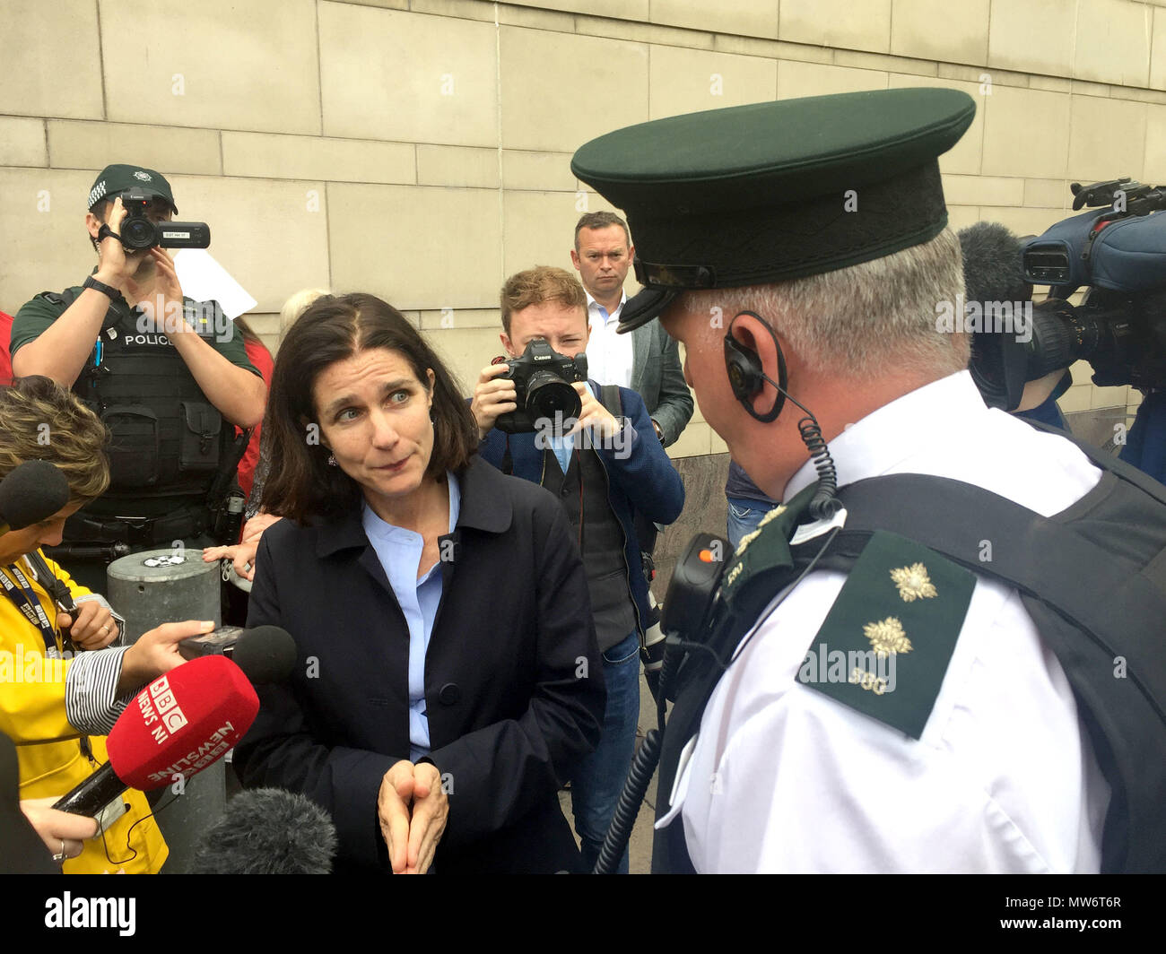 Dr Rebecca Gomperts discusses abortion pills with a PSNI inspector. Stock Photo