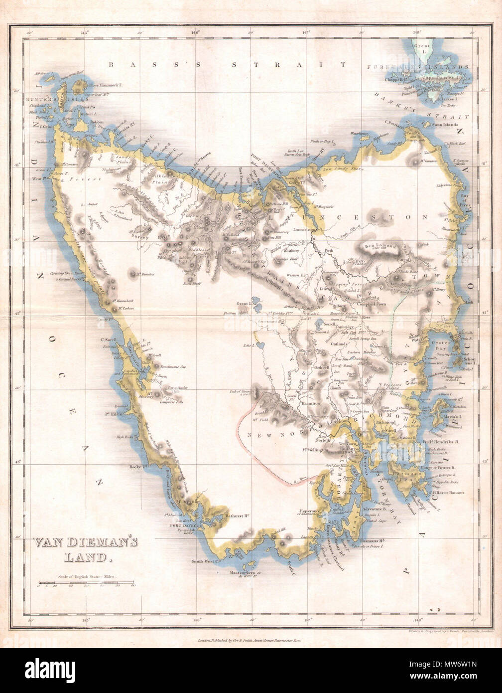 . Van Dieman's Land.  English: A very rare and unusual example of John Dower’s 1837 map of Tasmania or Van Dieman’s Land. Depicts the island in considerable detail with good notes on geographical features, especially along the coast. Maps of Tasmania are exceptionally rare and this one is no exception. Prepared by John Dower and published by Orr and Smith in 1837. . 1837 (undated)  7 1837 Dower Map of Van Dieman's Land or Tasmania - Geographicus - Tazmania-dower-1837 Stock Photo