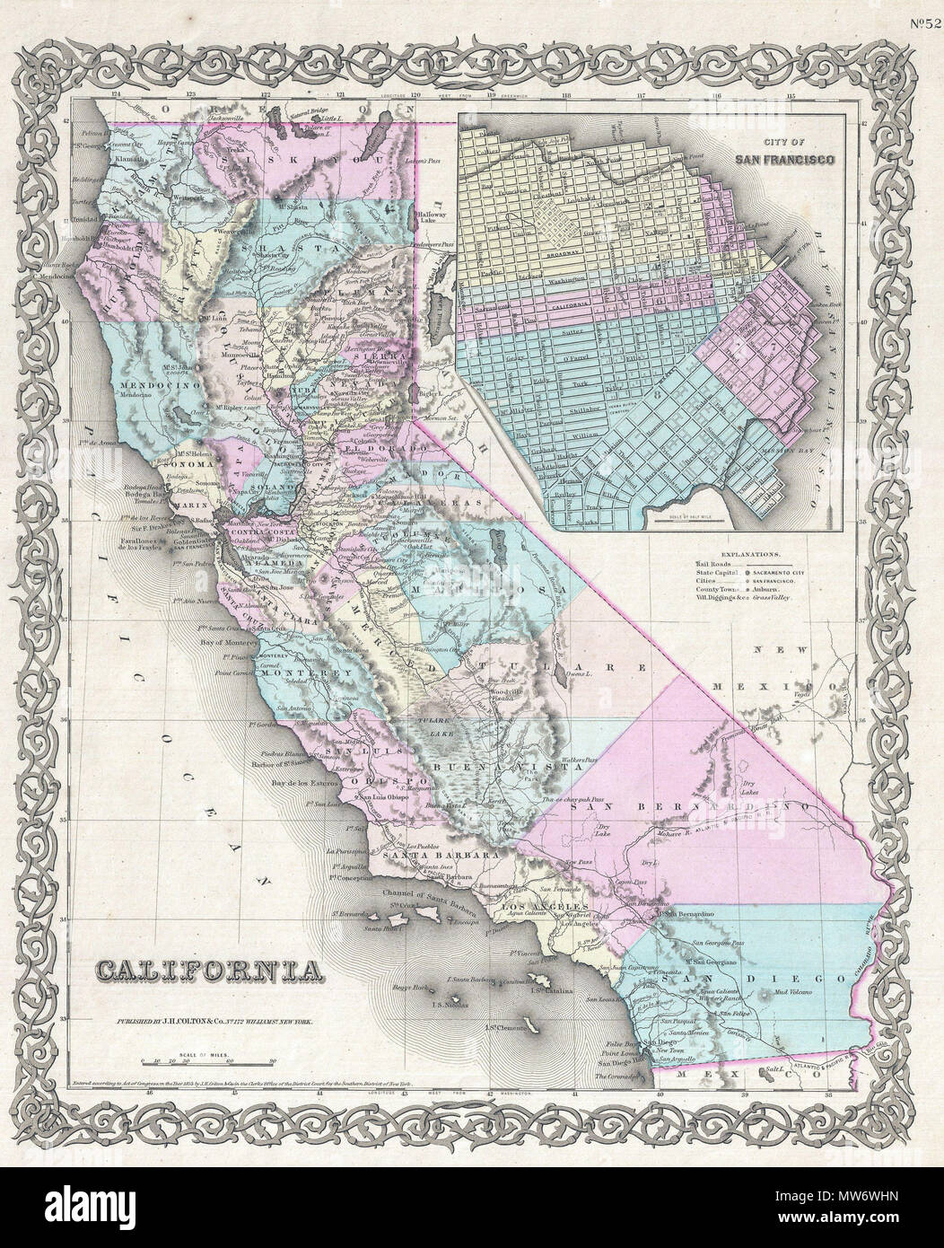 . California. City of San Francisco.  English: Issued roughly six years after the 1849 California Gold Rush, this is a beautiful 1855 first edition first state example of Colton's map of California. Colton's California with its San Francisco inset is one of the rarest and most desirable of all Colton atlas maps as it beautifully illustrates the rapid development throughout the state that followed in the wake of the Sutter's Mill discovery. Like most of Colton's state maps, this map was derived from an earlier wall map of North America produced by Colton and D. Griffing Johnson. Covers the enti Stock Photo
