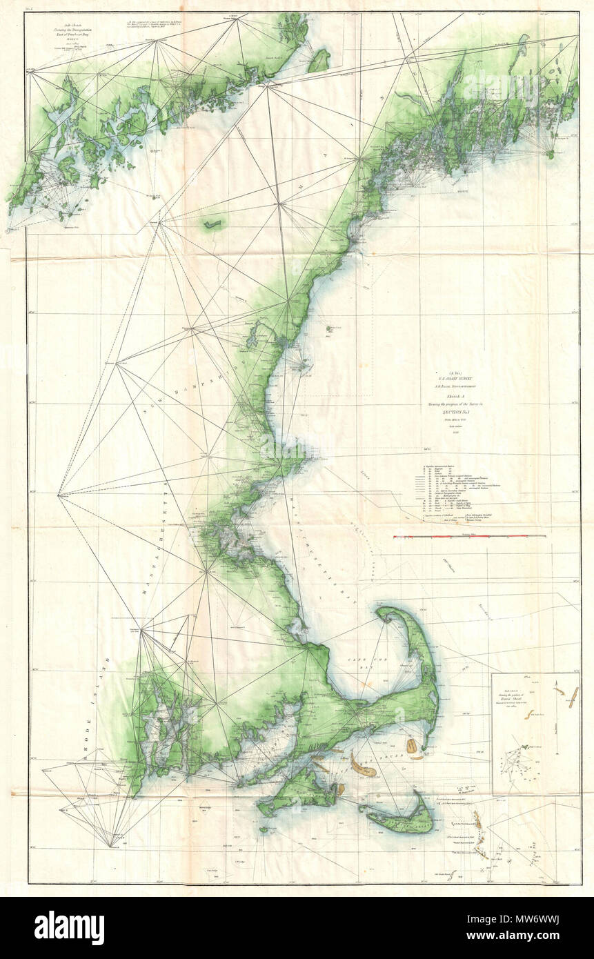 U S Coast Survey Map Or Trianguation Chart Of New England
