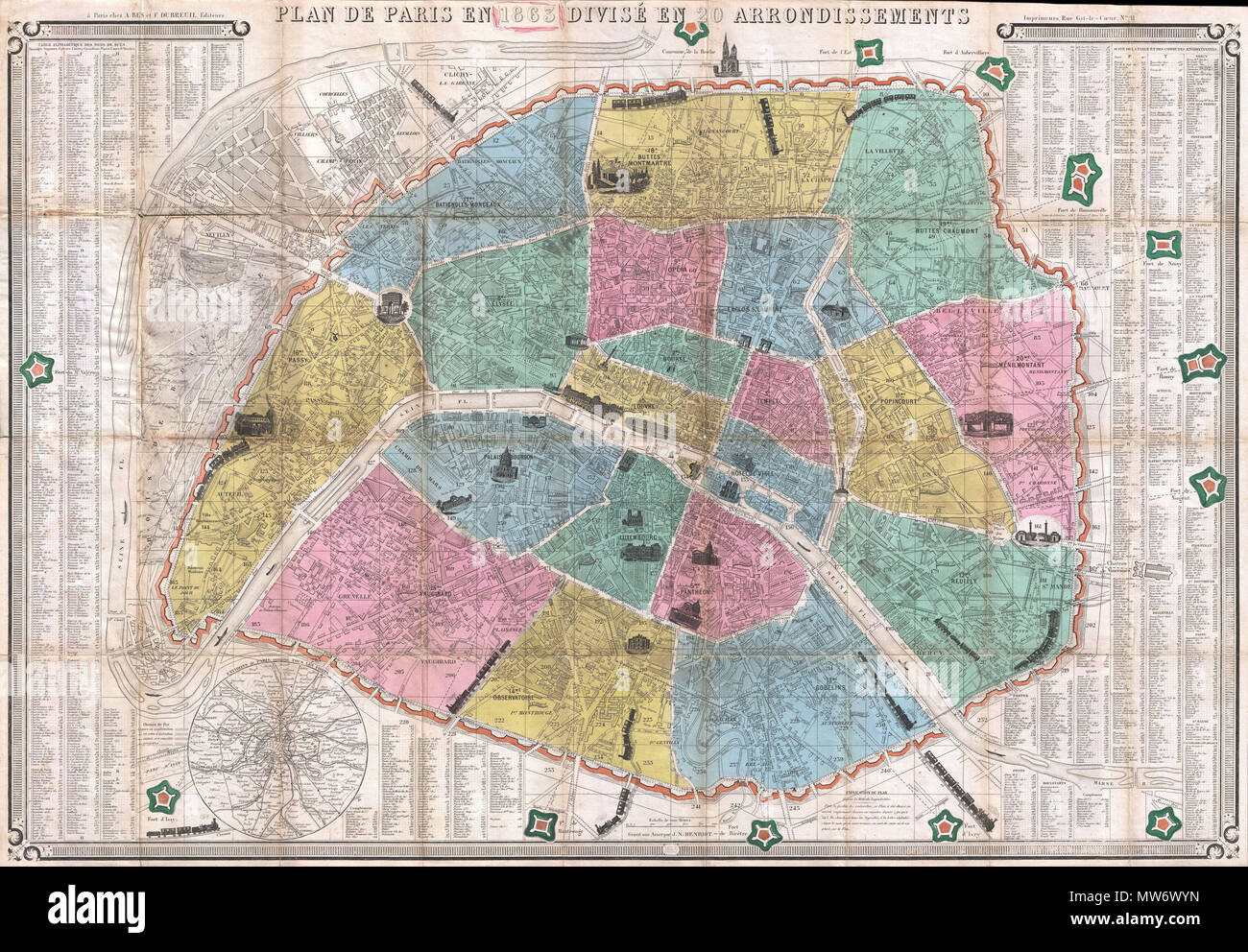 Plan de Paris en 1863 Divise en 20 Arrondissements. English: This is an  extremely attractive 1863 tourist pocket map of Paris, France. Covers the  old walled city of Paris and the