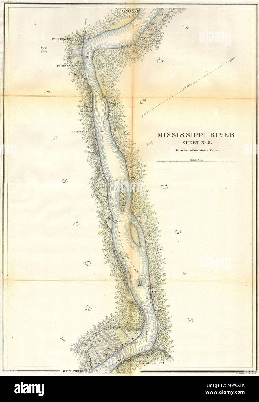 . Mississippi River 78 to 98 miles above Cairo, Illinois.  English: This is a beautiful hand colored 1865 United States Costal Survey chart or map of a part of the Mississippi River between Illinois and Missouri, roughly between 78 and 96 miles above Cairo, Illinois. Sheet five of a six sheet set depicting the Mississippi River from Cairo Illinois to St. Mary’s Missouri. The bends in the river are named, as are the many river islands shown. Notes towns, wood lots, landings and farms, many of which are shown with family names. Produced under the supervision of A. D. Bache in 1865. Professionall Stock Photo
